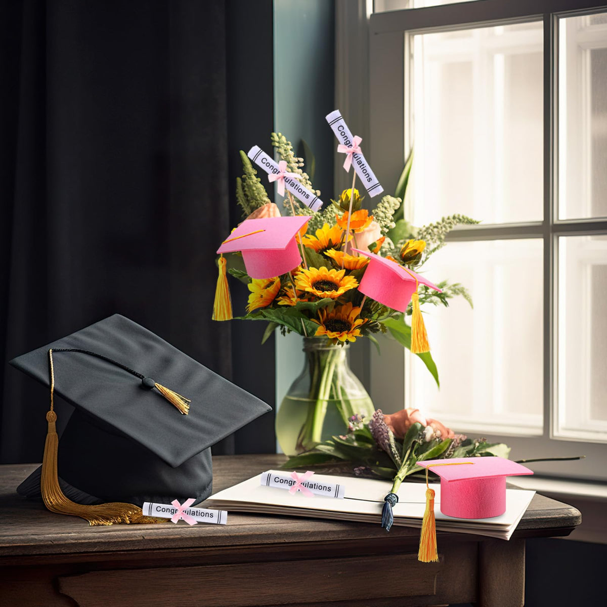 Breling cap and diploma among flowers for elegant centerpiece