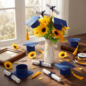 Breling blue and gold grad decor enhances photo booths and dessert tables.