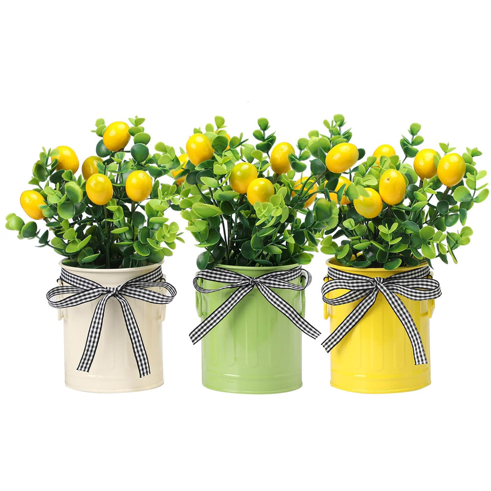 Bretacole spring lemon decor in cream pot adds bright kitchen tabletop charm.