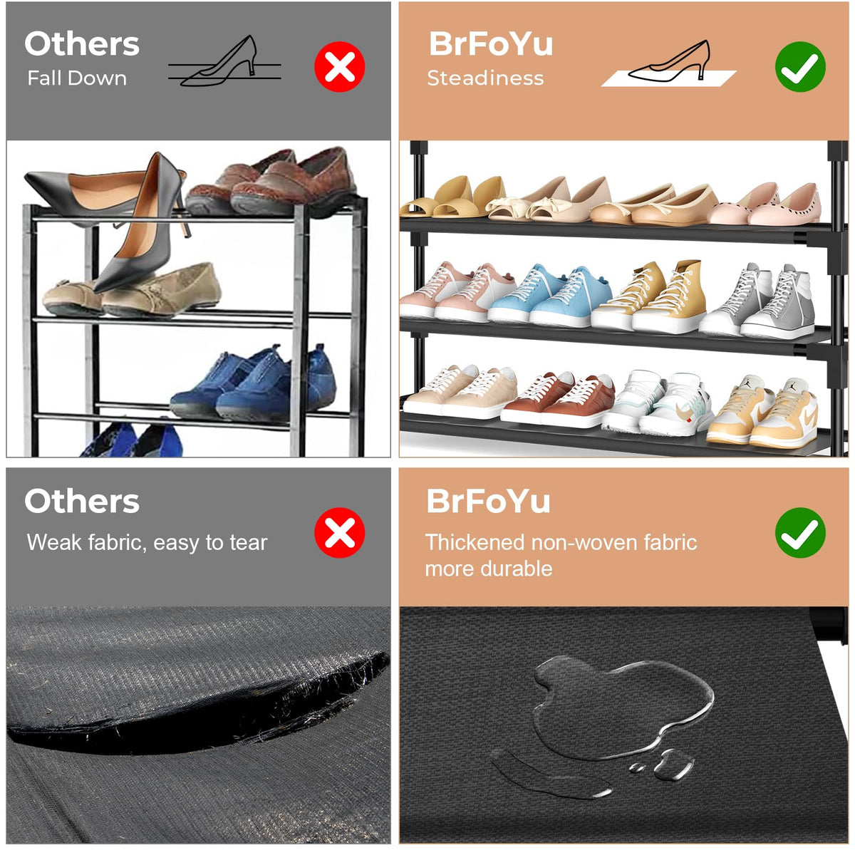 BrFoYu 5-Tier Shoe Rack adjustable layer height accommodates various shoe sizes.