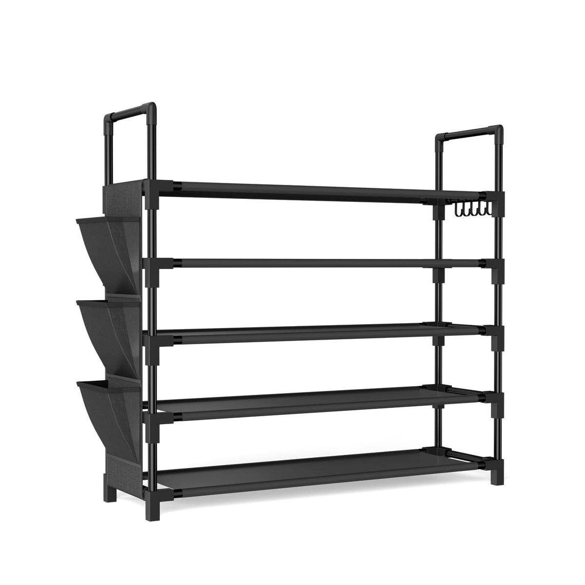 BrFoYu 5-Tier Shoe Rack assembled with hooks and pockets for added organization.