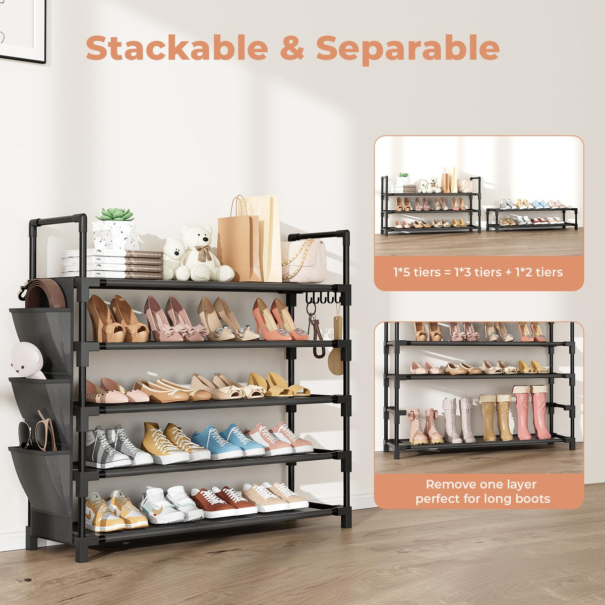 BrFoYu 5-Tier Shoe Rack showing large capacity for boots and sneakers.