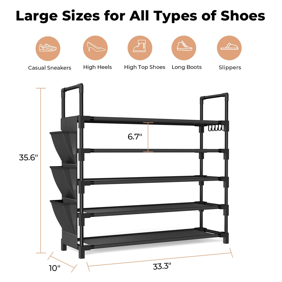 BrFoYu 5-Tier Shoe Rack stackable design demonstrates customizable height and capacity.