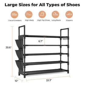 BrFoYu 5-Tier Shoe Rack stackable design demonstrates customizable height and capacity.