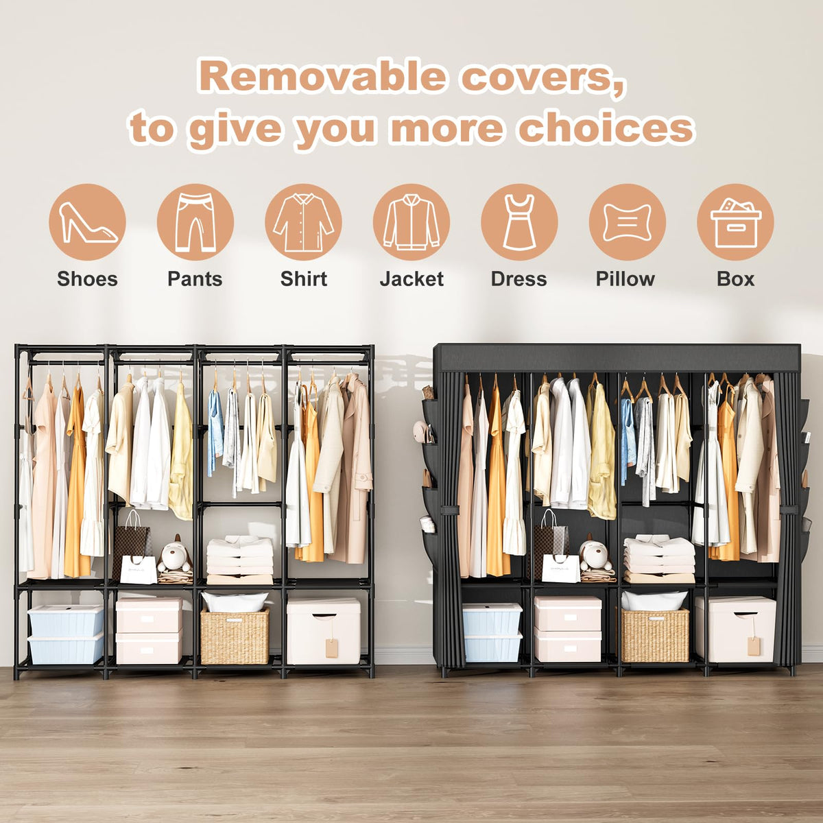 BrFoYu eight storage shelves keep folded clothes neatly arranged.