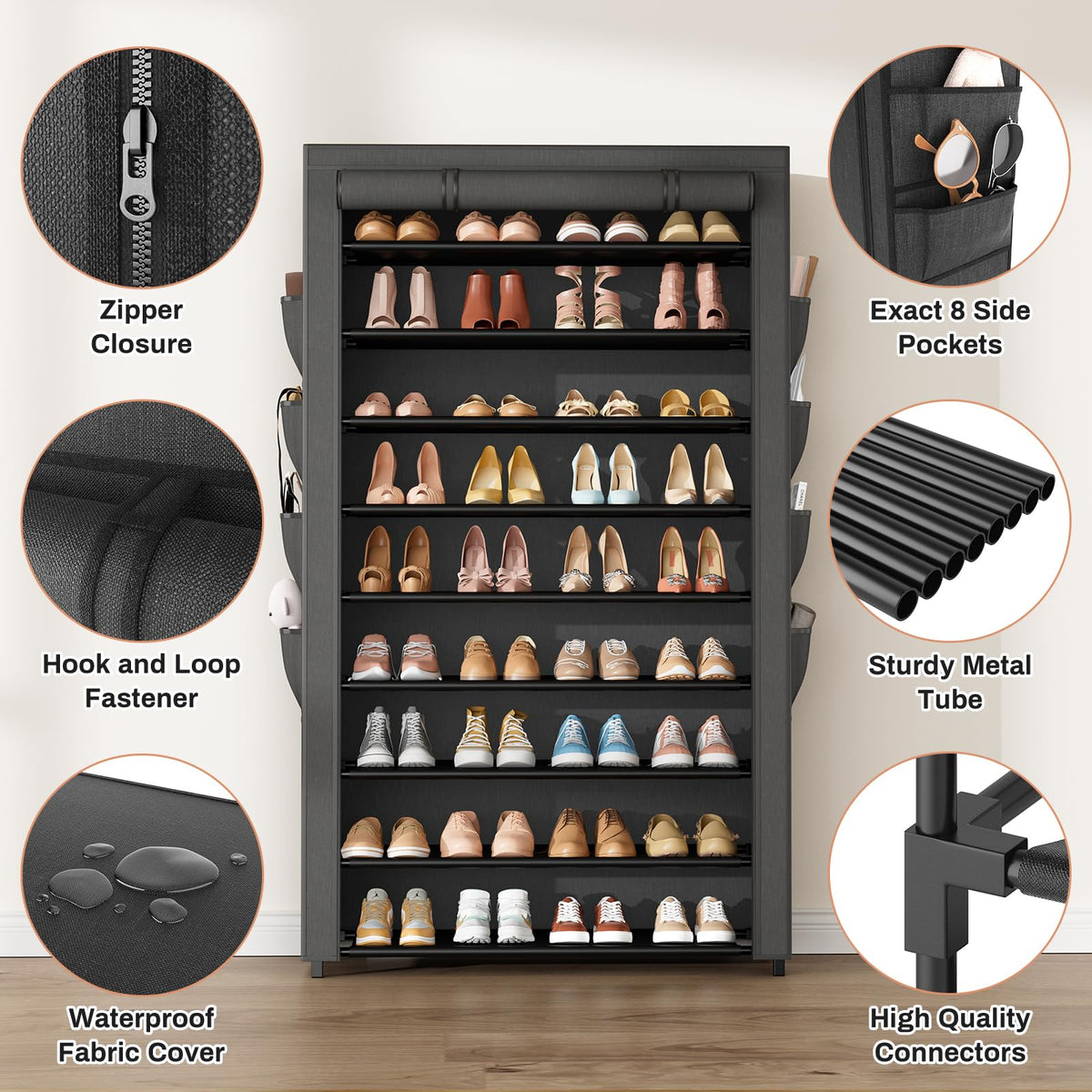 BrFoYu large capacity holds 40+ pairs of sneakers and boots.