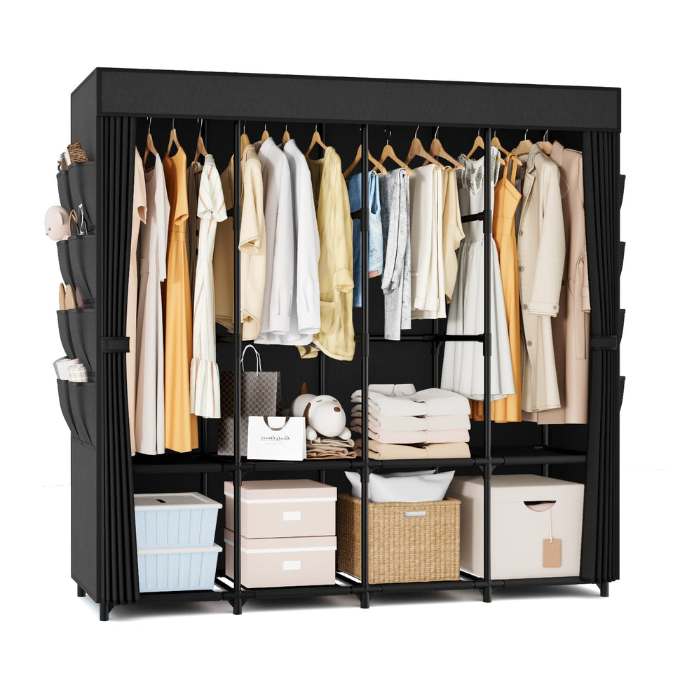 BrFoYu portable closet in a bedroom with cover, keeping clothes organized and dust-free.