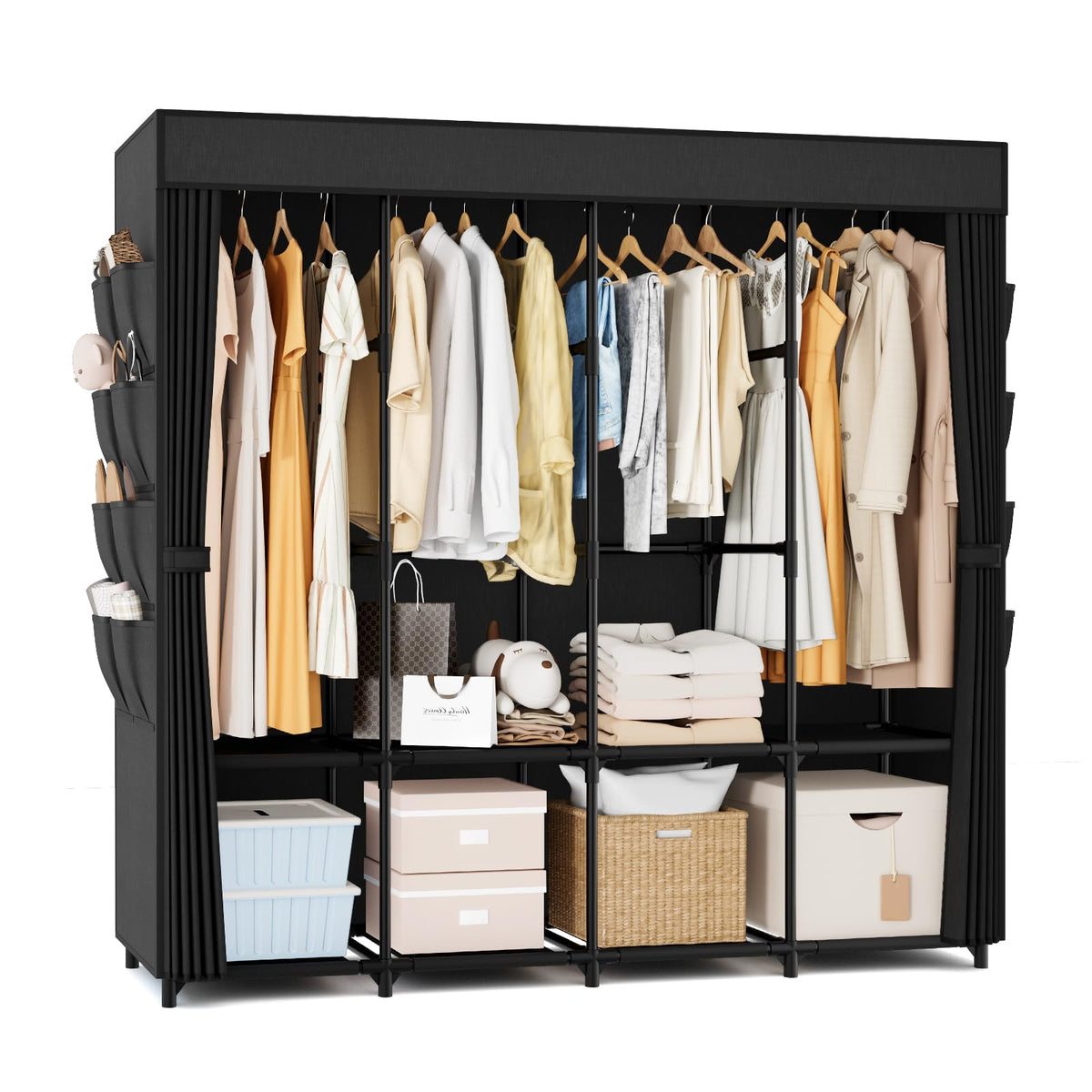 BrFoYu portable closet in a bedroom with cover, keeping clothes organized and dust-free.