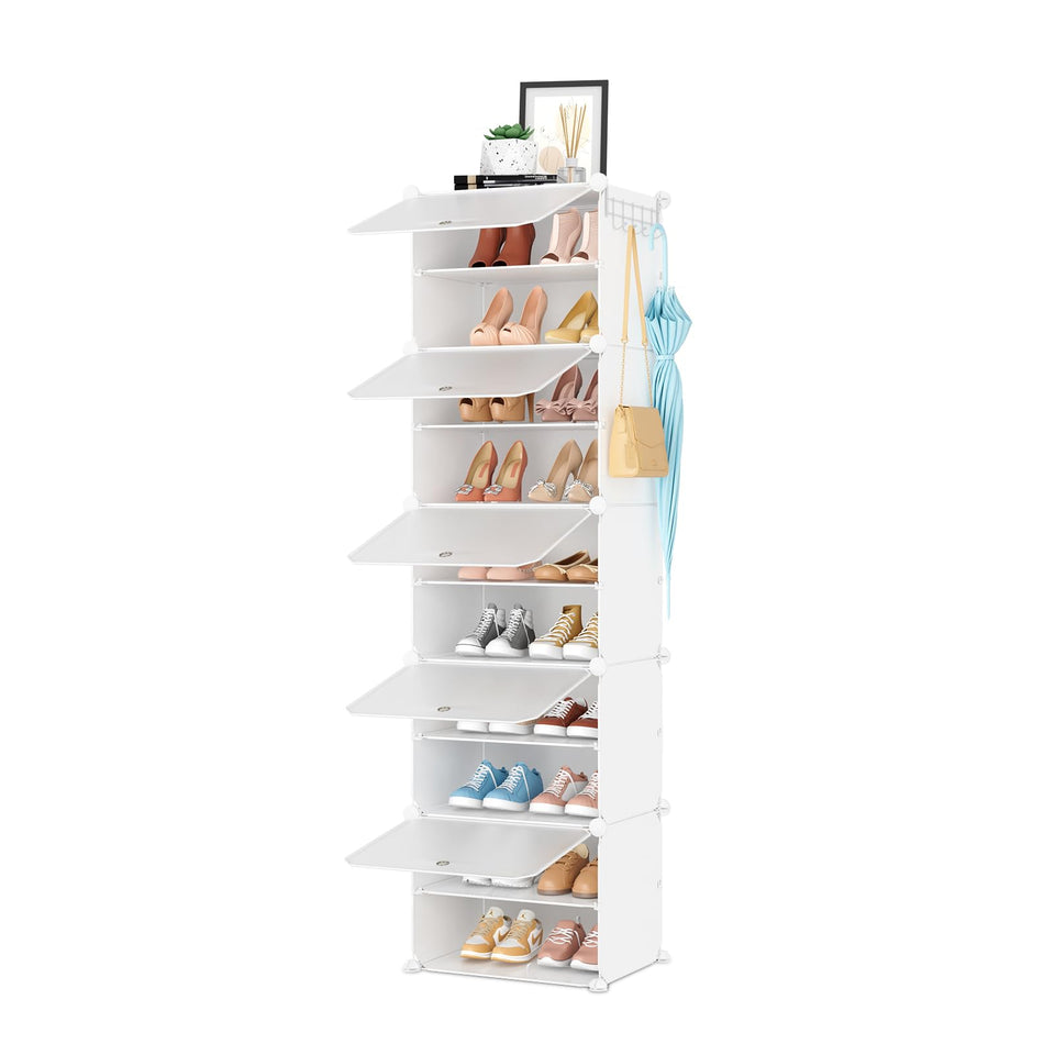 BrFoYu 10-tier shoe rack neatly stores around 20 pairs, keeping footwear accessible.