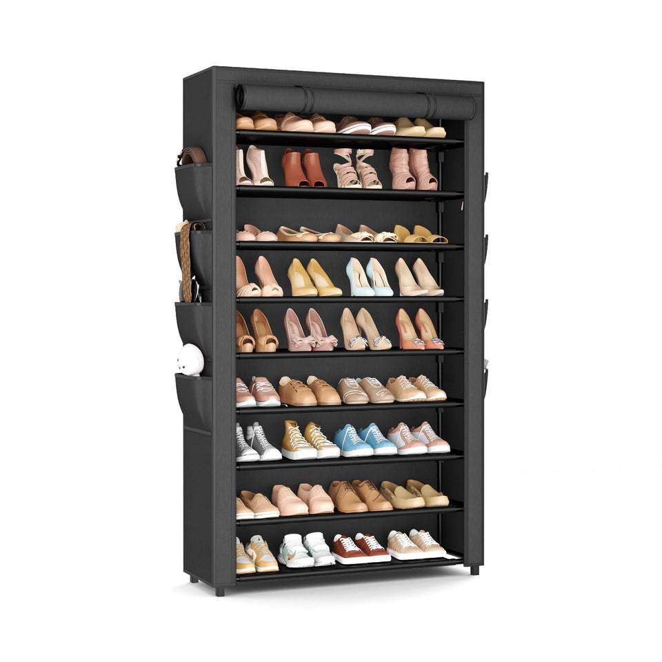 BrFoYu 10-tier shoe rack with closed cover protects shoes from dust.