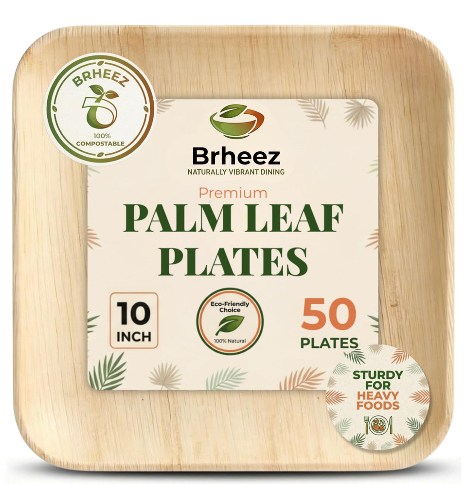 Brheeze bamboo plates 10 inch with natural leaf design for an elegant table setting.