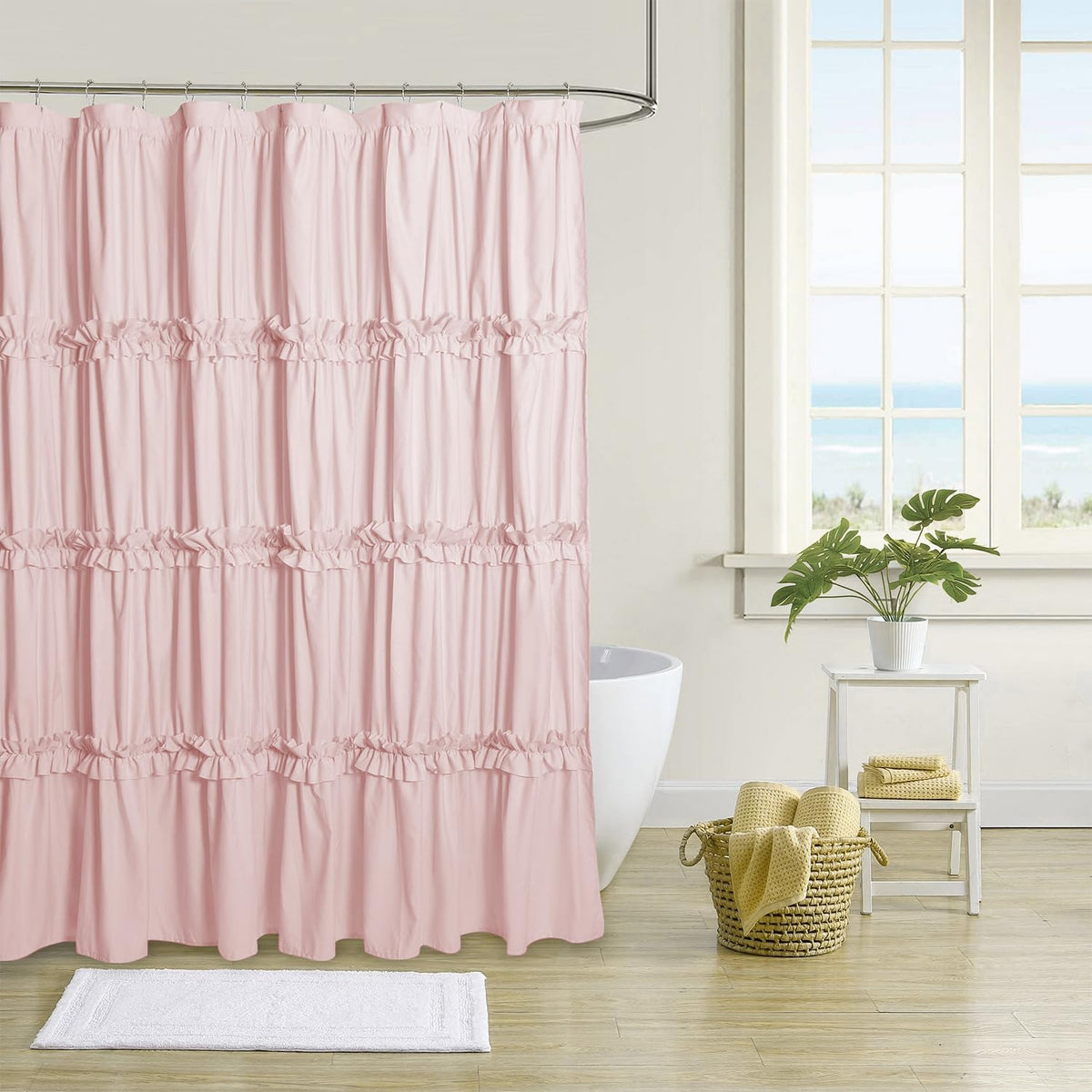 BRHF Farmhouse Ruffle Curtain closeup shows handcrafted ruched detail for elegant bathroom decor.