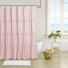 BRHF Farmhouse Ruffle Curtain closeup shows handcrafted ruched detail for elegant bathroom decor.