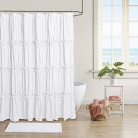 BRHF Farmhouse Ruffle Shower Curtain shows exquisite ruched detail for refined bathroom style.