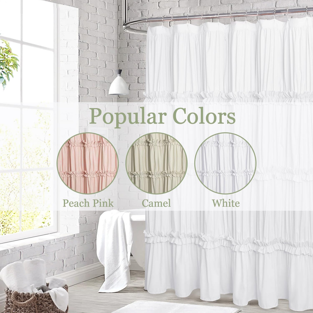 BRHF Farmhouse Ruffle Shower Curtain uses soft brushed polyester for privacy and comfort.