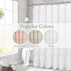 BRHF Farmhouse Ruffle Shower Curtain uses soft brushed polyester for privacy and comfort.