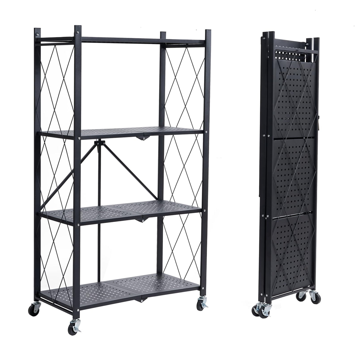BRIAN & DANY 4-tier shelves with wheels front view for easy transport