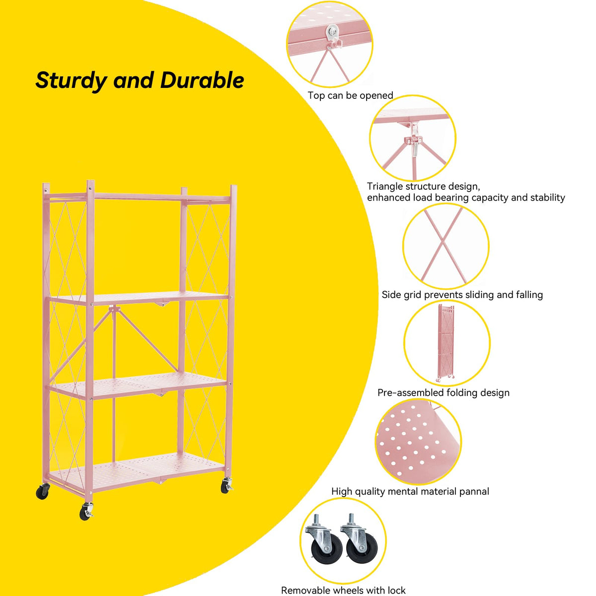 Foldable shelf on wheels enables easy mobility when loaded.