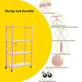 Foldable shelf on wheels enables easy mobility when loaded.