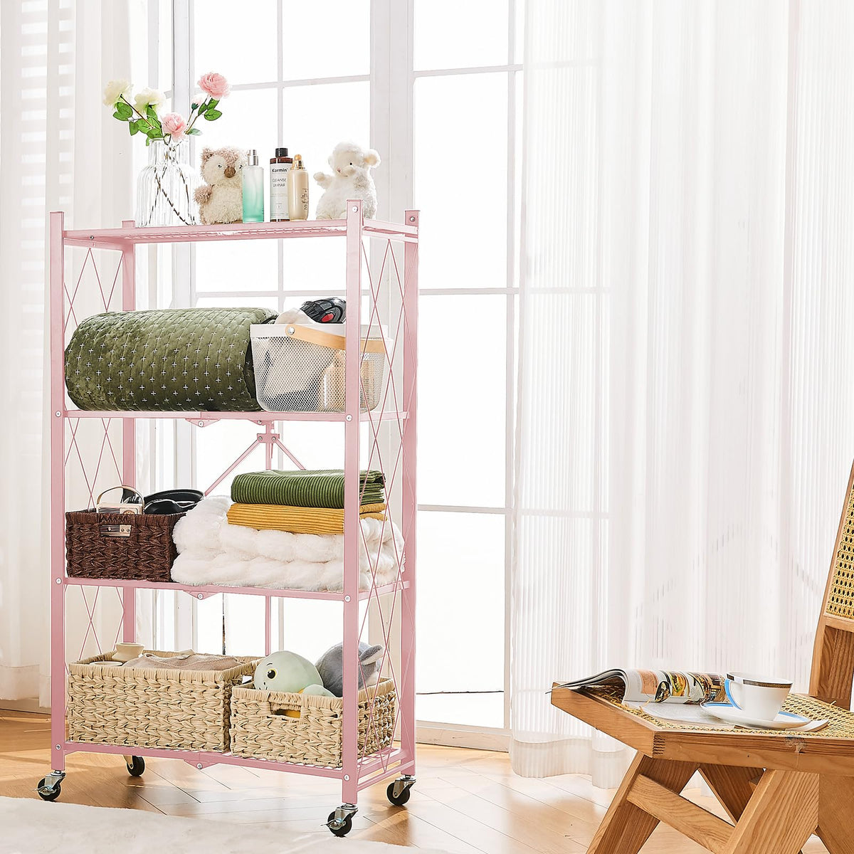 Pink shelving unit adds color and practical organization.