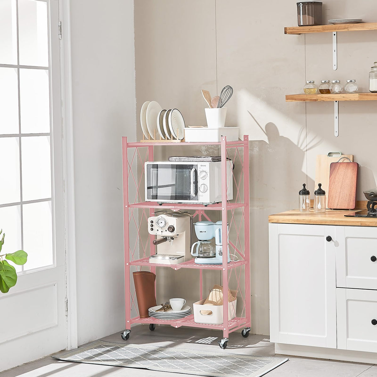 Each shelf can support up to 60 pounds of items.