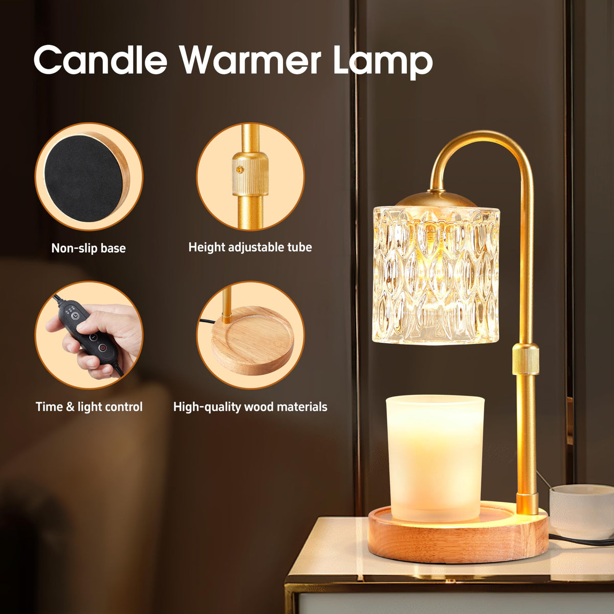 Briever candle warmer lamp glass shade highlights warm glow without flame.
