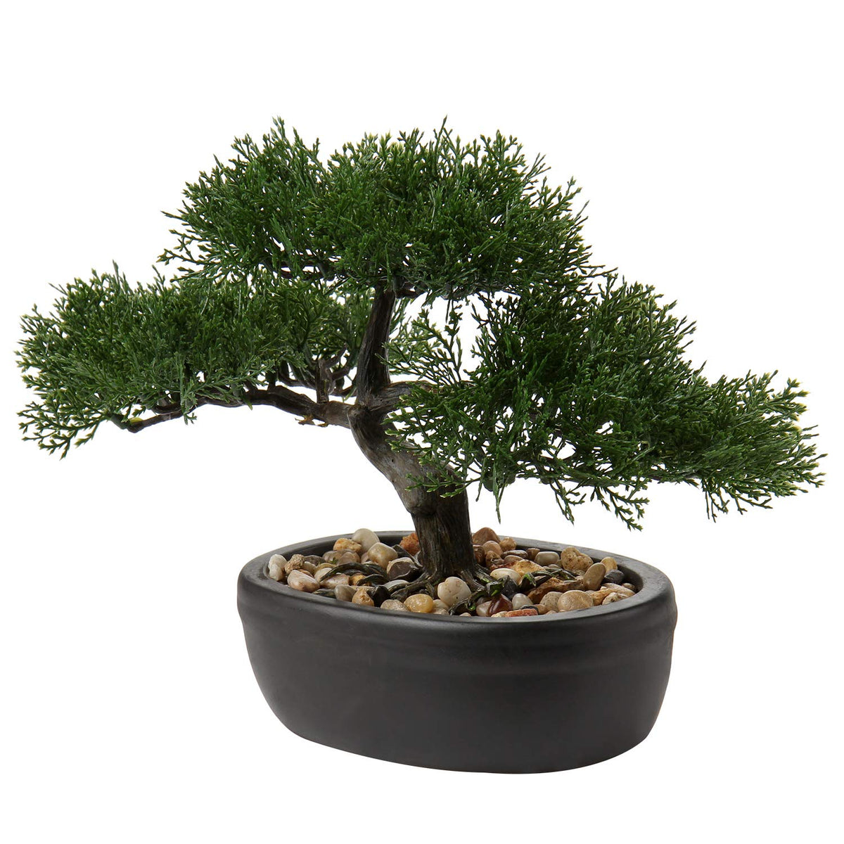 Briful artificial bonsai juniper close-up with ceramic pot for elegant indoor decor.