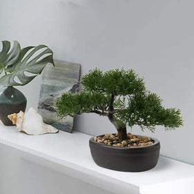 Briful artificial bonsai juniper on a desk adds tranquil greenery.