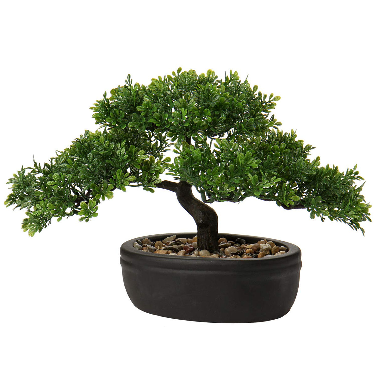 Briful artificial bonsai tree with ceramic pot adds calm to living room decor.
