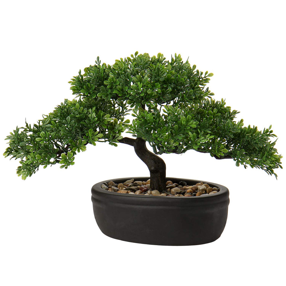 Briful artificial bonsai tree with ceramic pot adds calm to living room decor.