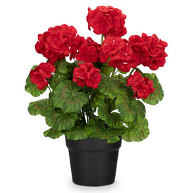 Briful artificial geranium potted plant stands 16 inches tall for year-round color.