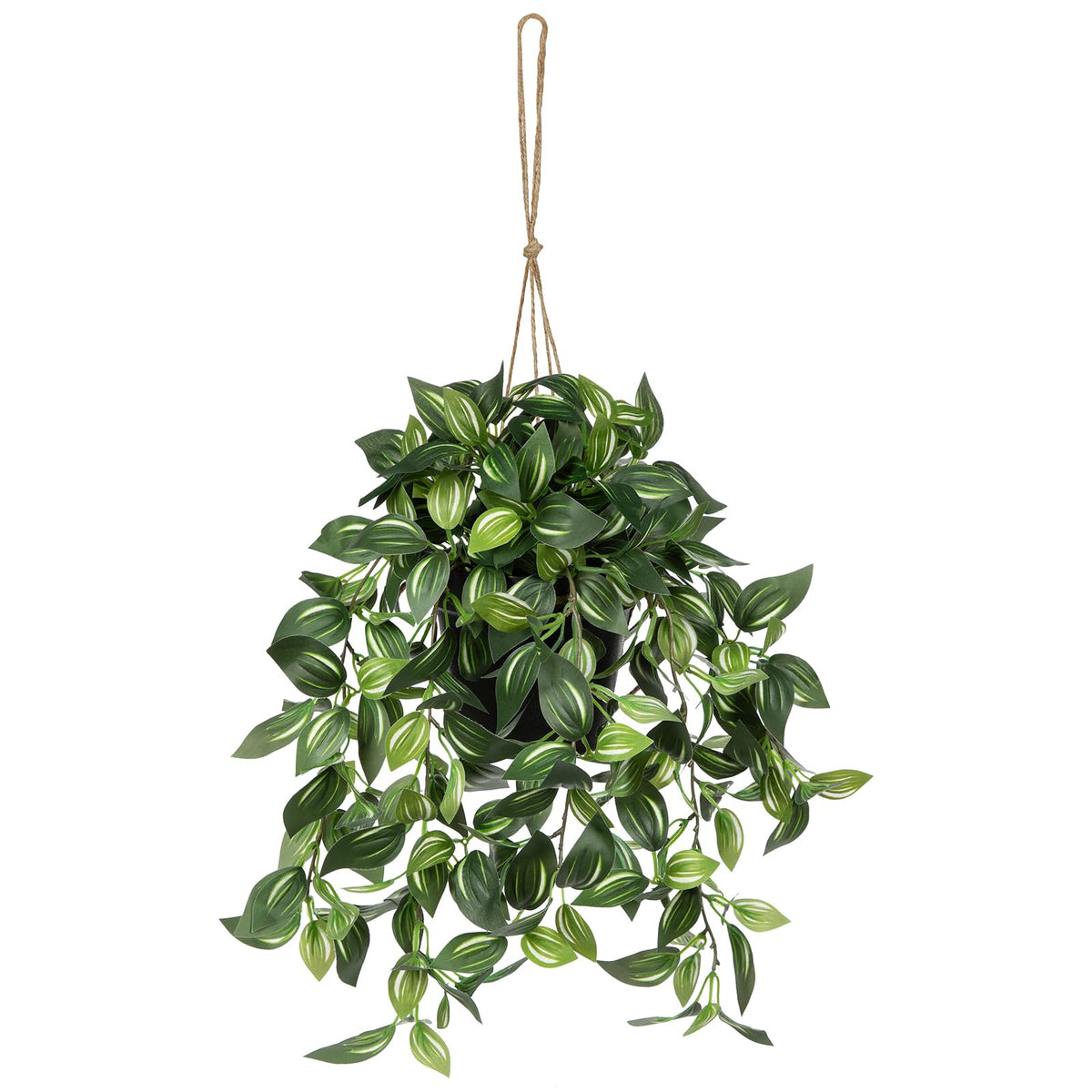 Briful artificial hanging plant with cascading leaves in a black pot for year-round decor.