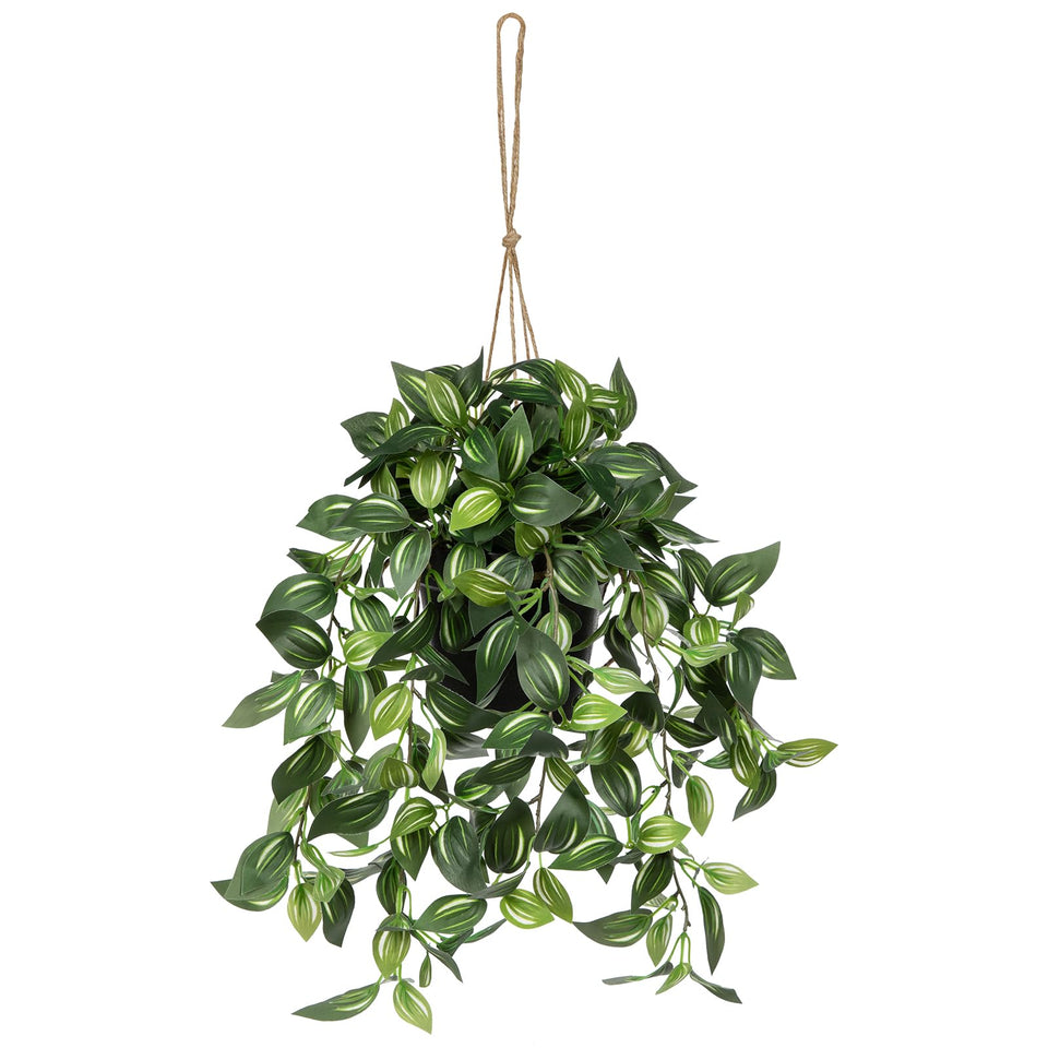 Briful artificial hanging plant with cascading leaves in a black pot for year-round decor.