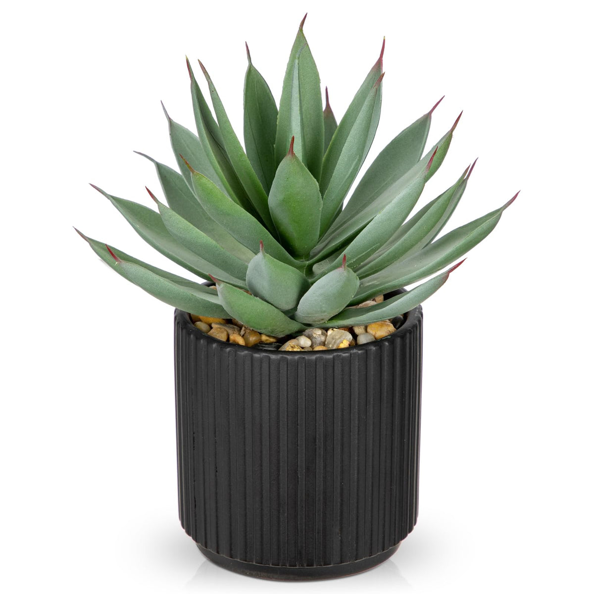 Briful artificial succulents in a black ceramic vase for modern decor.
