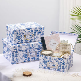 Briful decorative blue and white boxes elevate shelf decor subtly.