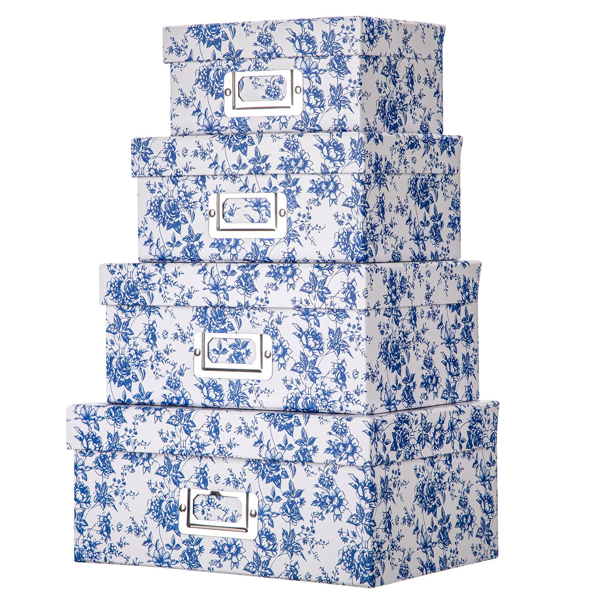 Briful blue and white porcelain storage boxes nest to save space on shelves.