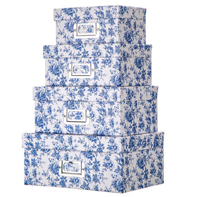 Briful blue and white porcelain storage boxes nest to save space on shelves.