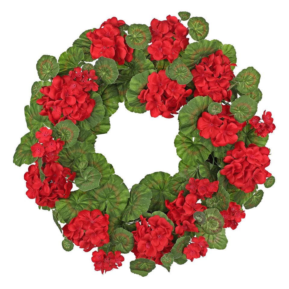 Briful geraniums wreath with vibrant blooms for a striking entrance.