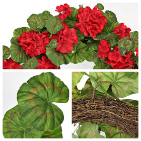 Briful geraniums wreath on a front door adds welcoming appeal all year.