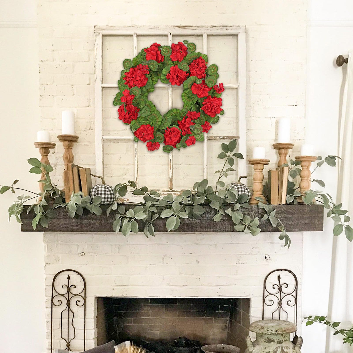 Briful geraniums wreath suitable for indoor or outdoor display and longevity.