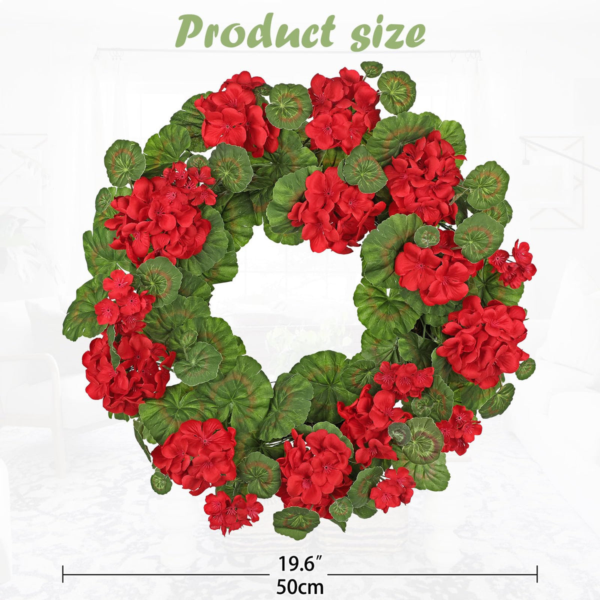 Briful geraniums wreath showing lush greenery and layered design for a full look.