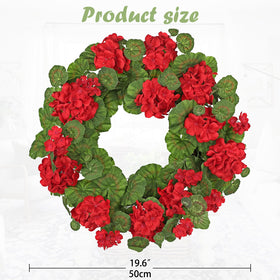 Briful geraniums wreath showing lush greenery and layered design for a full look.