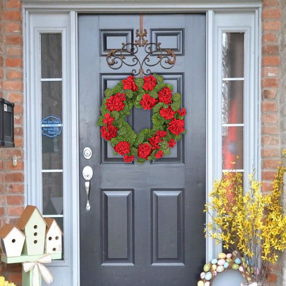 Briful geraniums wreath brings seasonal color for spring and summer.
