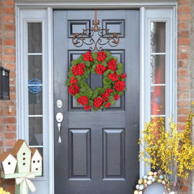 Briful geraniums wreath brings seasonal color for spring and summer.