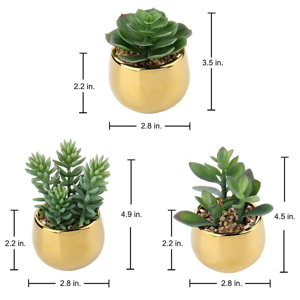 Briful gold ceramic pots display realistic succulents on shelves or tables