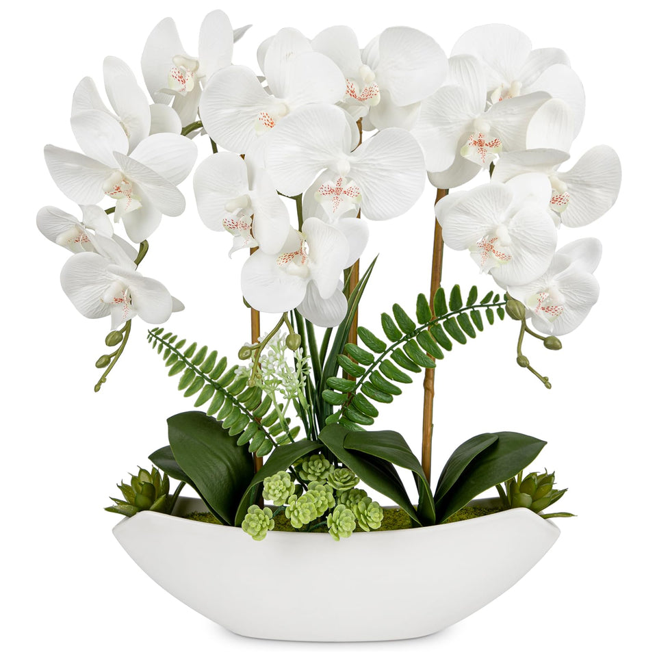 Briful 18in white orchid arrangement in ceramic boat vase, ideal living room centerpiece.