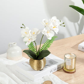 Briful gold ceramic vase display with artificial orchid for table centerpiece.