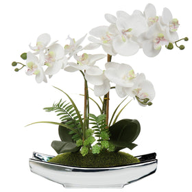 Briful 15-inch white Phalaenopsis orchid in silver pot for elegant home decor