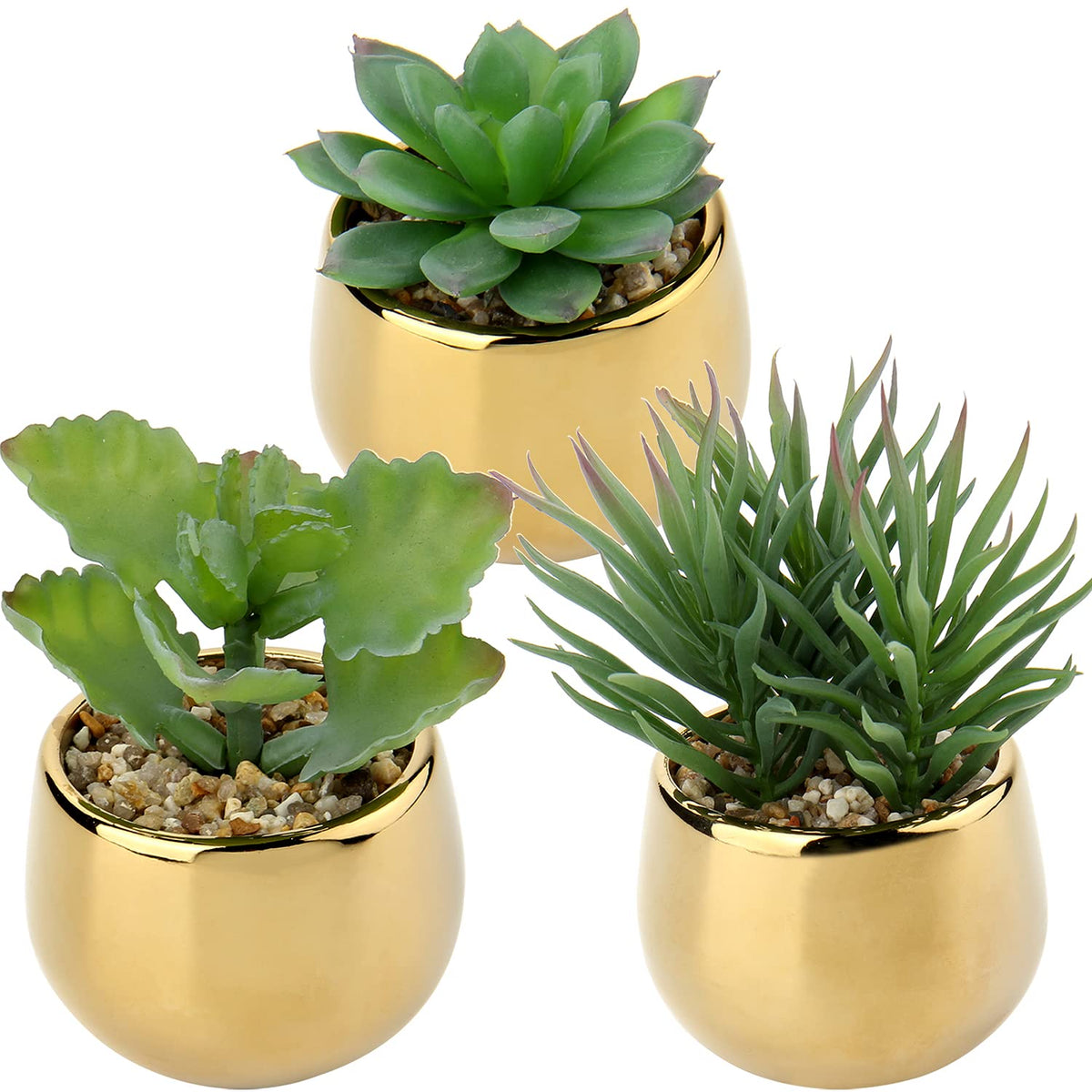 Briful small artificial succulents in gold ceramic pots on a desk for elegant decor