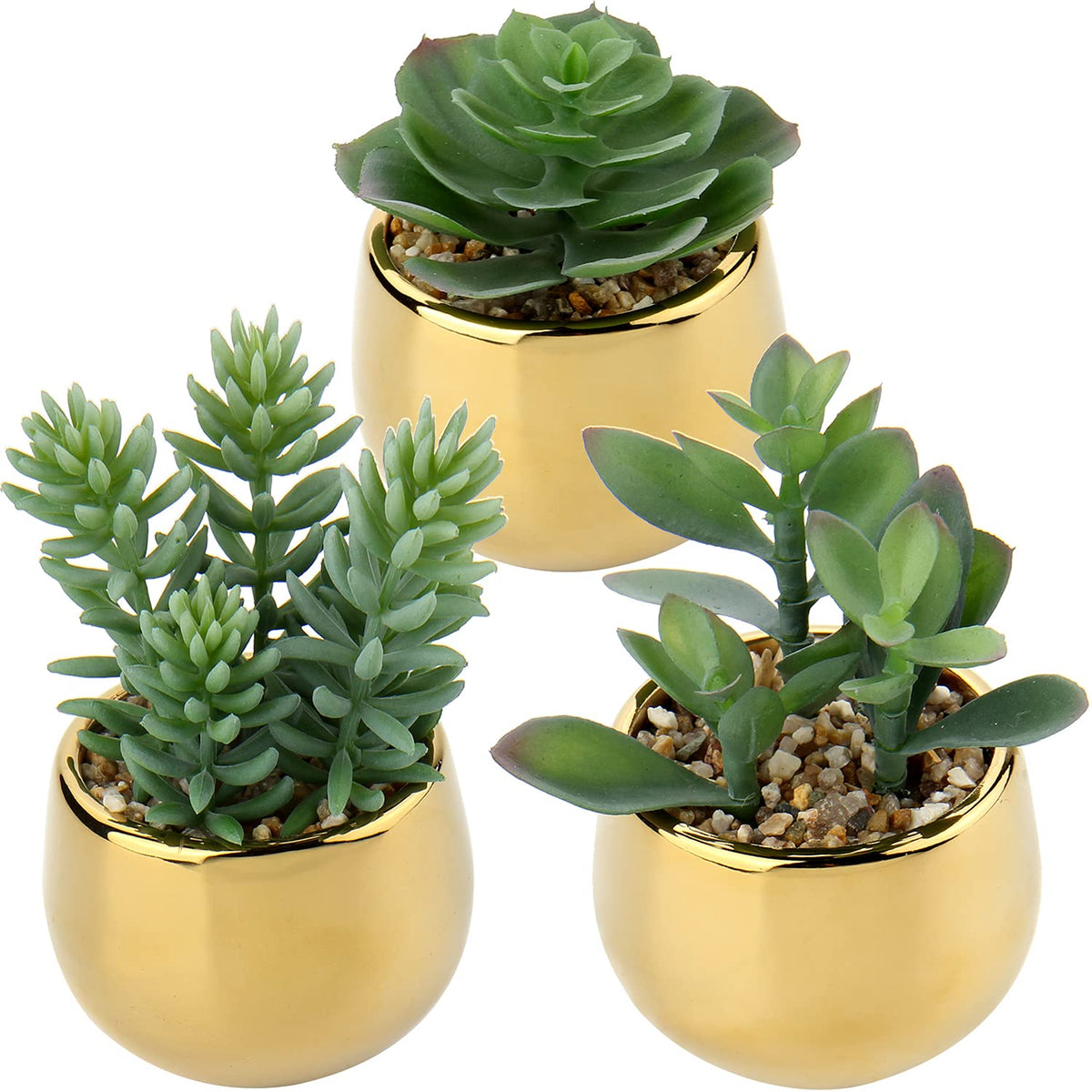 Briful small artificial succulents in gold pots set of three for modern decor